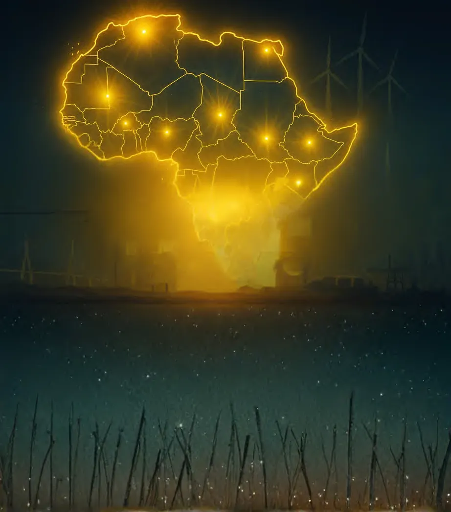 Map of Africa lit by an energy network above an industrial site