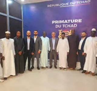 Delegation received at the Primature of Chad, in front of the official backdrop